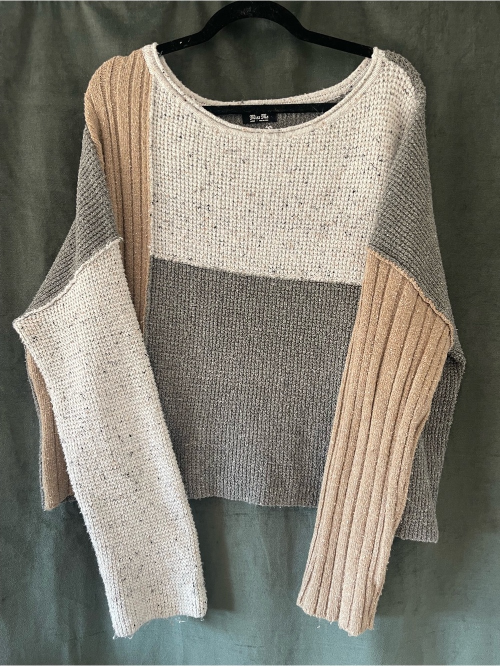 Miss Me Colorblock Knit Crew Sweater - Cream, Gray & Tan